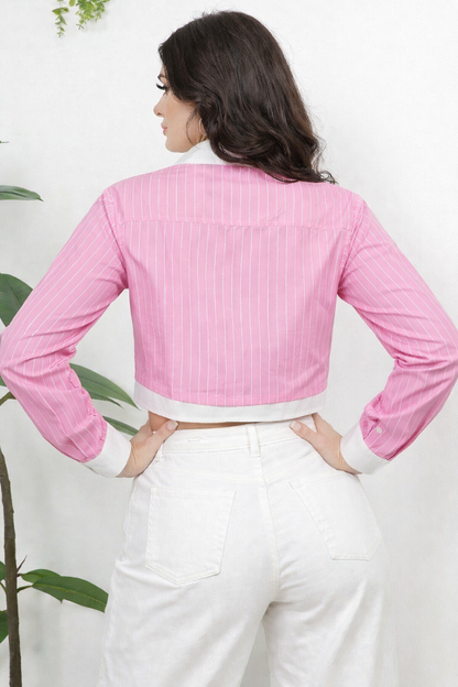 Camisa crop de rayas finas con bordado floral