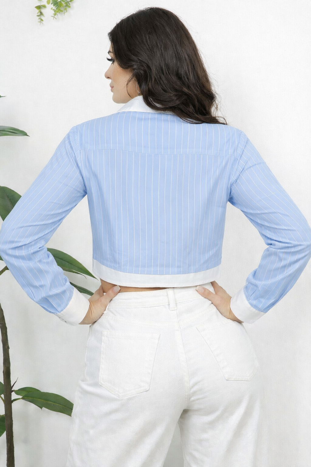 Camisa crop de rayas finas con bordado floral