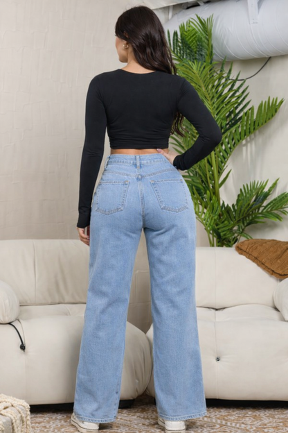 Mahón Denim Azul Claro con Botones Laterales y Brillo Sutil